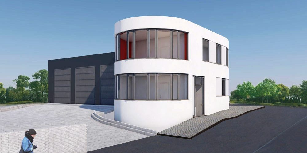 Außenansicht Hofeinfahrt und Fahrzeughalle